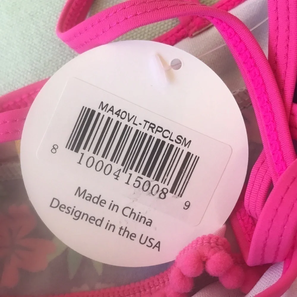 Viv & Lou Floral Ruffle Bikini Swimsuit Pom Pom Trim Small